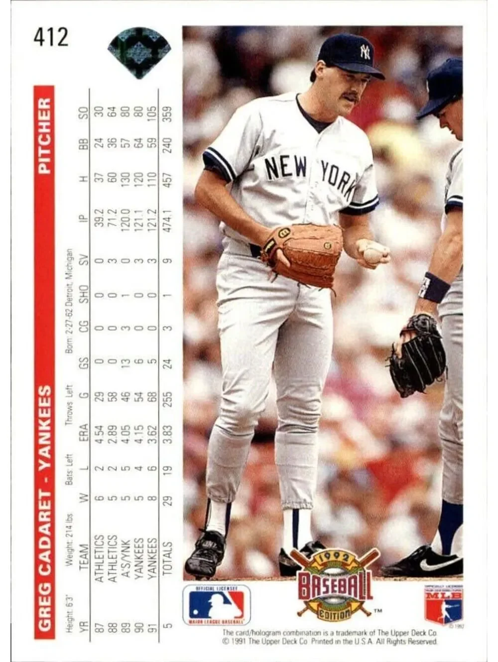 Greg Cadaret 1992 Upper Deck MLB #412 Baseball Card New York Yankees